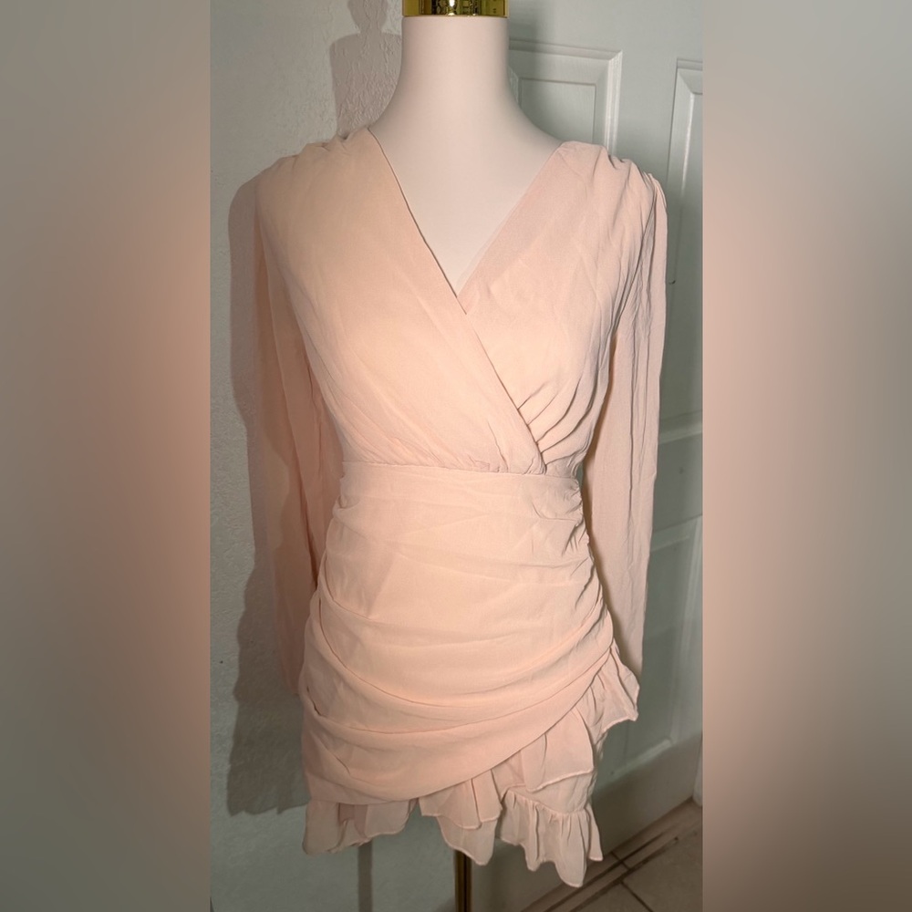 DOUBLE CRAZY Beige Ruched Ruffle V-Neck Long Sleeve Wrap Mini Dress Size S